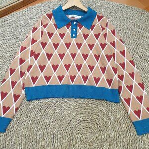 Cute Heart Print Polo Knit Sweater Blue Collar Cottagecore